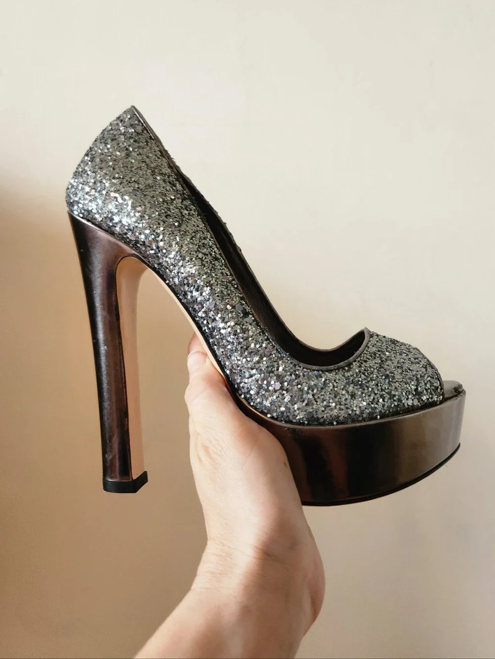 Vintage MIU MIU Platform Gunmetal Glitter Pumps Y2K